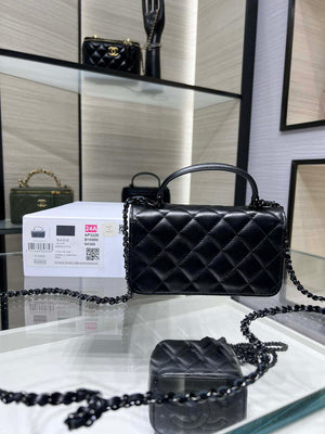 Chanel AP3226 Phone Holder with Chain Lambskin & Black-Tone Metal Black - Default Title - View 2