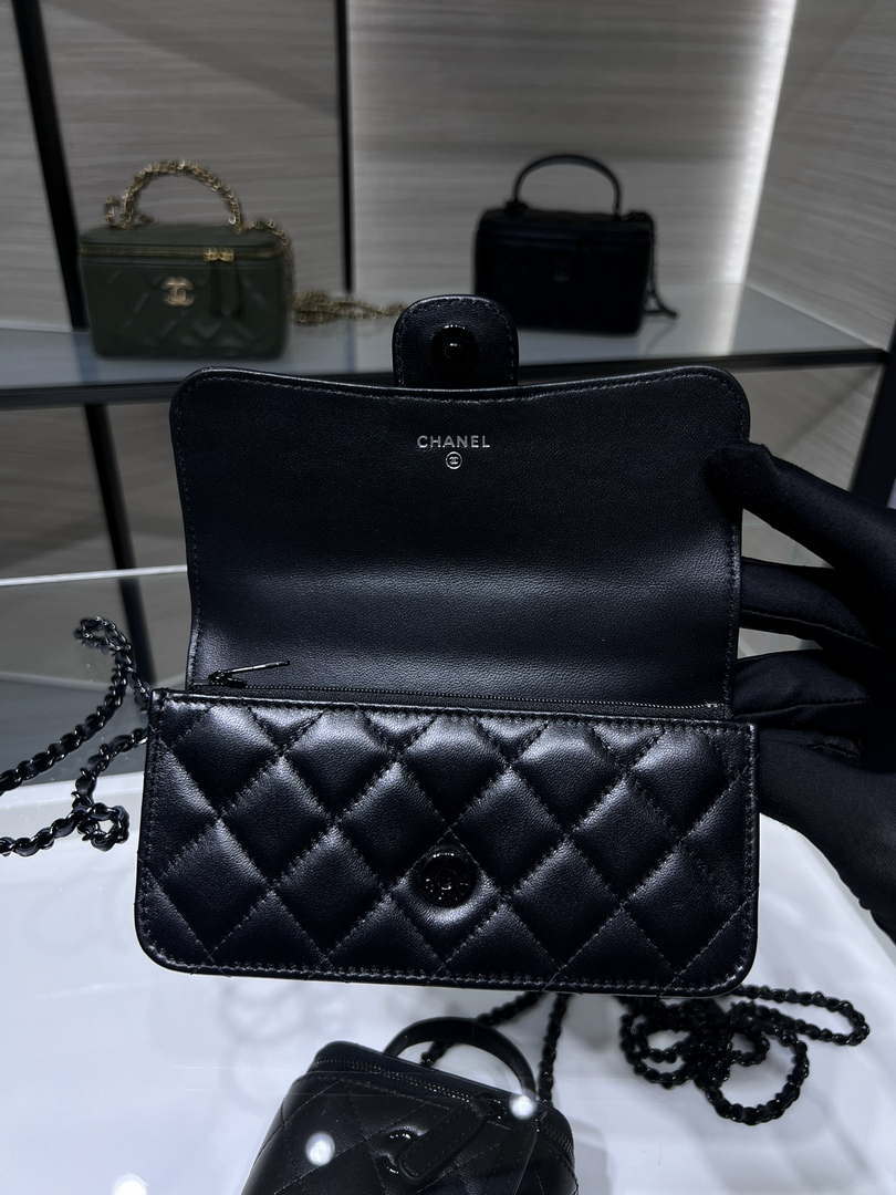 Chanel AP3226 Phone Holder with Chain Lambskin & Black-Tone Metal Black