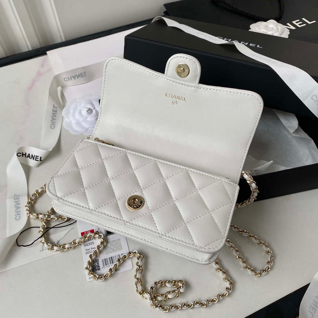 Chanel Phone Holder with Chain CC Lambskin & Gold-Tone Metal AP3226 White