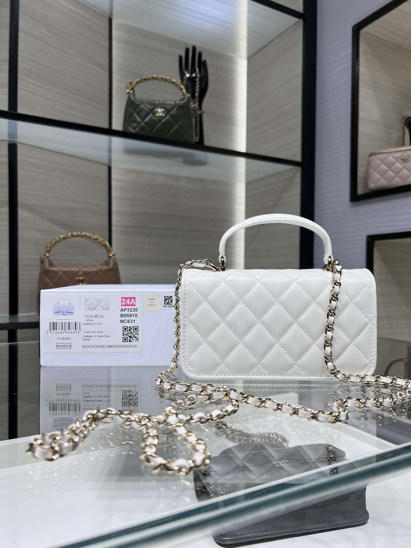 Chanel AP3226 Phone Holder with Chain Lambskin & Gold-Tone Metal White