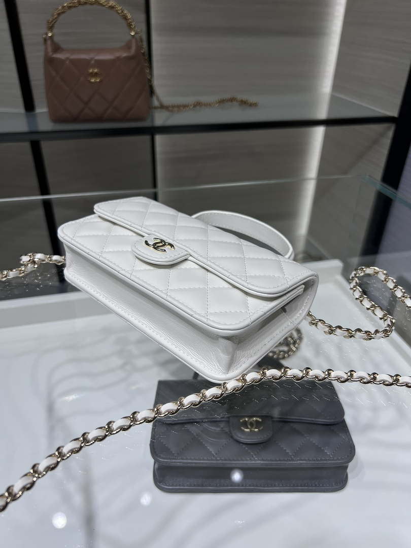 Chanel AP3226 Phone Holder with Chain Lambskin & Gold-Tone Metal White