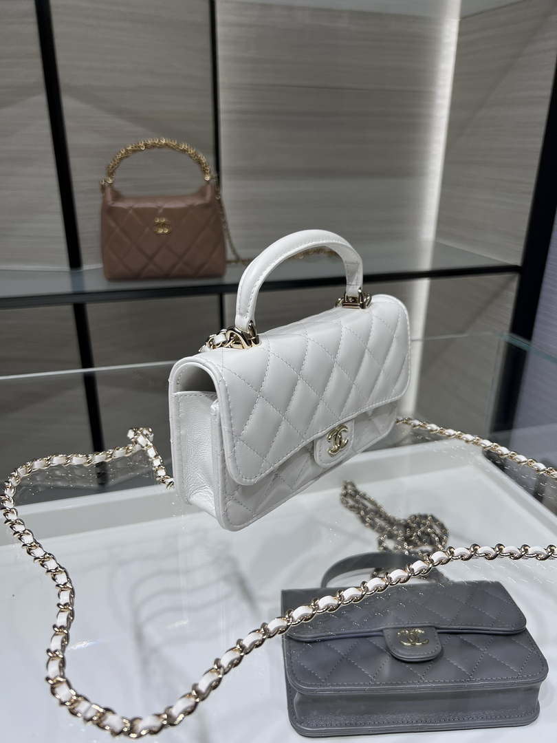 Chanel AP3226 Phone Holder with Chain Lambskin & Gold-Tone Metal White