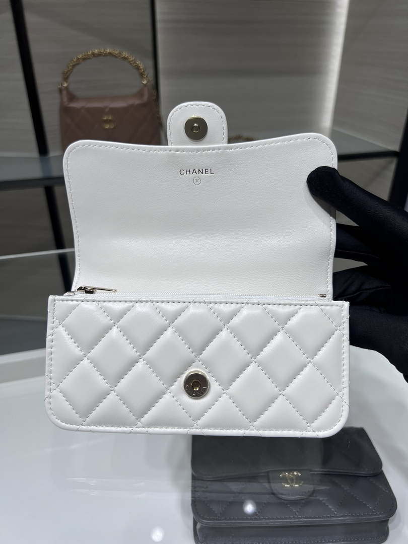 Chanel AP3226 Phone Holder with Chain Lambskin & Gold-Tone Metal White