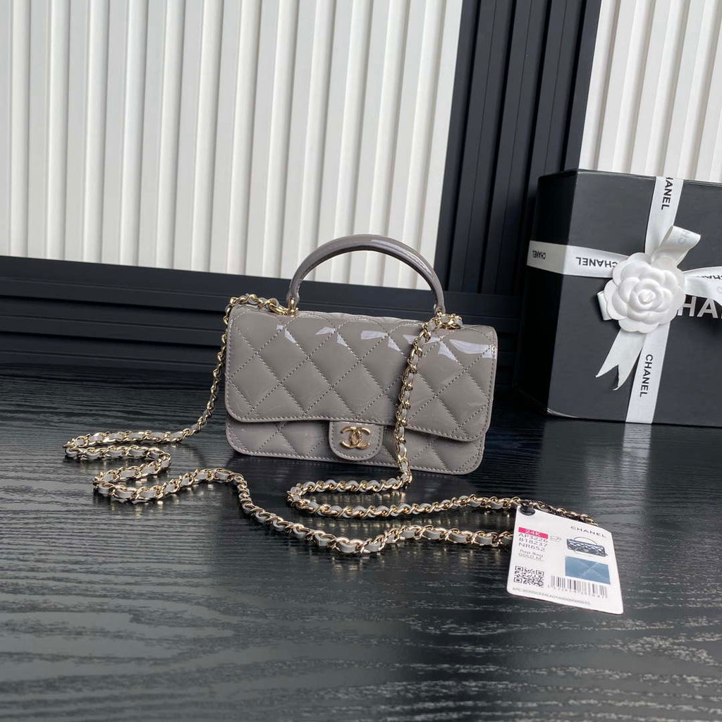 Chanel AP3226 Phone Holder with Chain Patent Calfskin & Gold-Tone Metal Gray