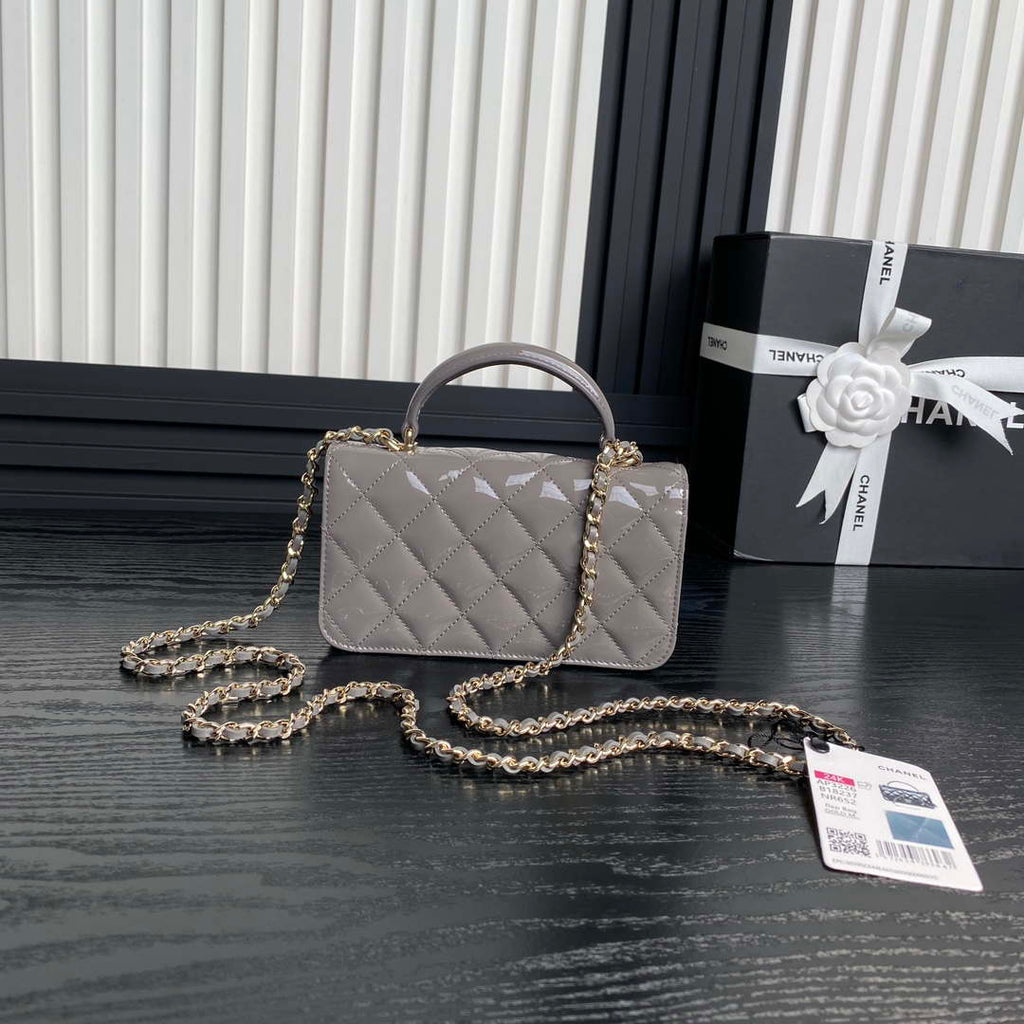 Chanel AP3226 Phone Holder with Chain Patent Calfskin & Gold-Tone Metal Gray