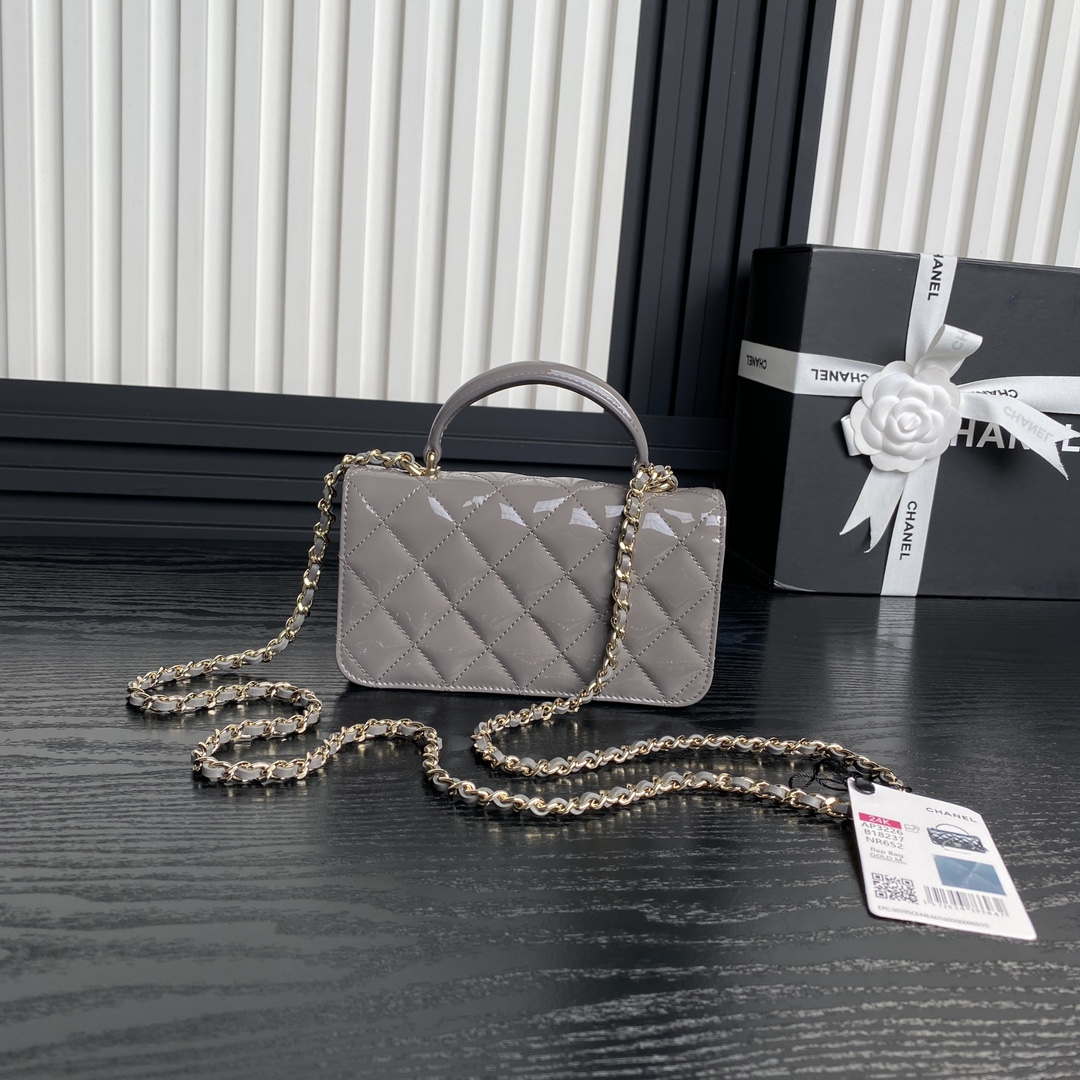 Chanel AP3226 Phone Holder with Chain Patent Calfskin & Gold-Tone Metal Gray - Default Title - View 2