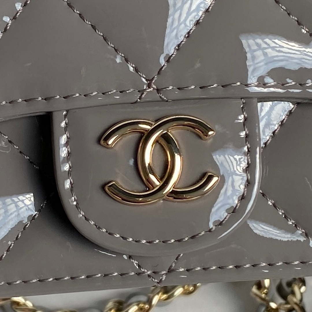 Chanel AP3226 Phone Holder with Chain Patent Calfskin & Gold-Tone Metal Gray