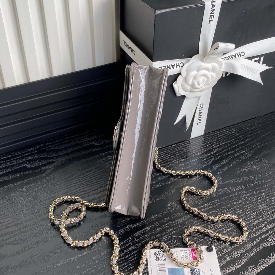 Chanel AP3226 Phone Holder with Chain Patent Calfskin & Gold-Tone Metal Gray - Default Title - View 5