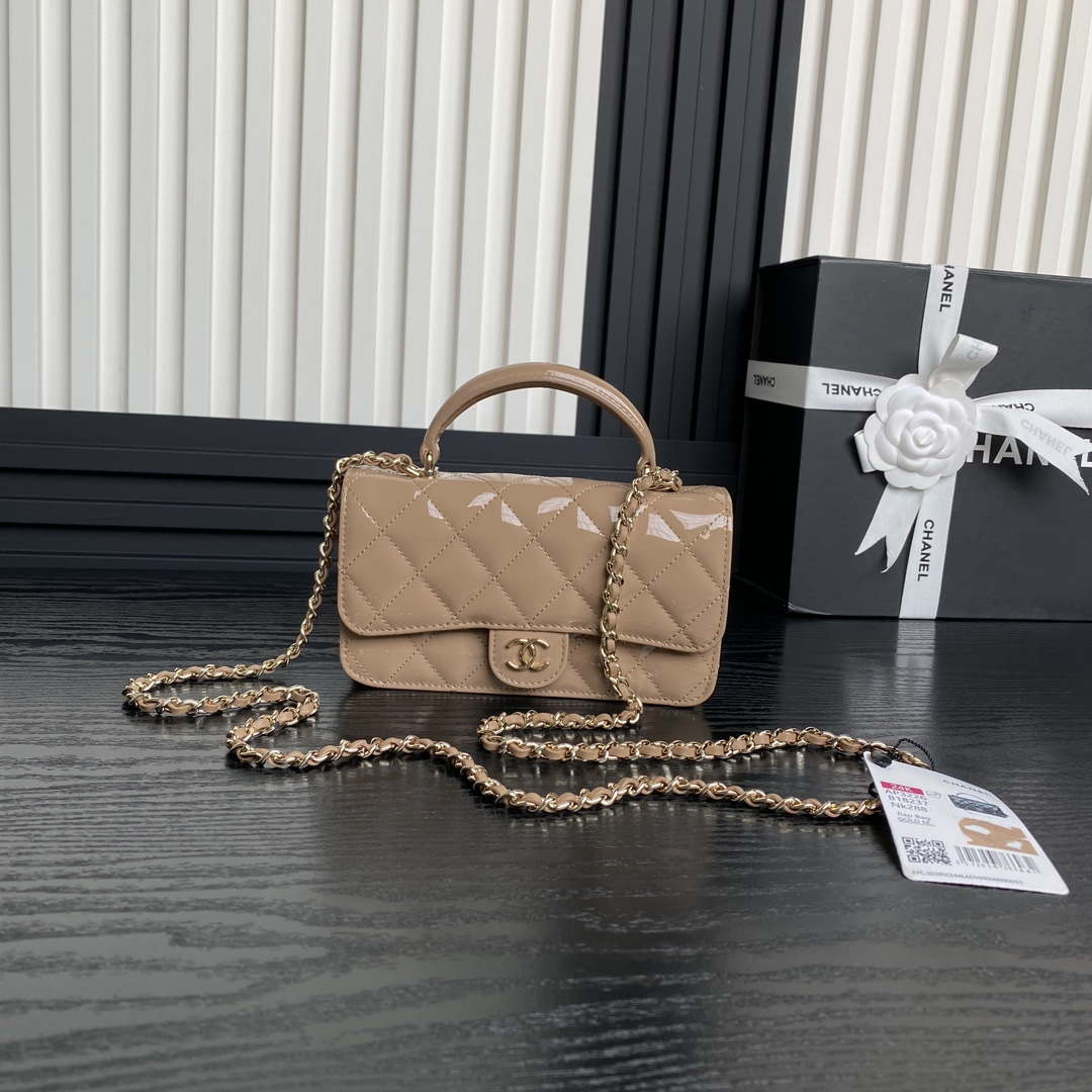 Chanel AP3226 Phone Holder with Chain Patent Calfskin & Gold-Tone Metal Apricot - Default Title - View 1
