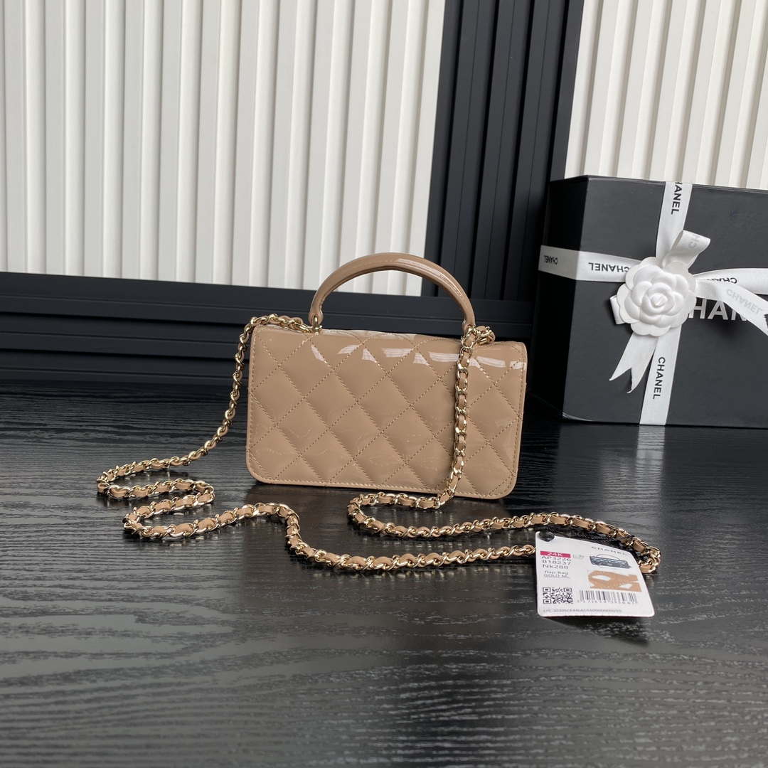 Chanel AP3226 Phone Holder with Chain Patent Calfskin & Gold-Tone Metal Apricot