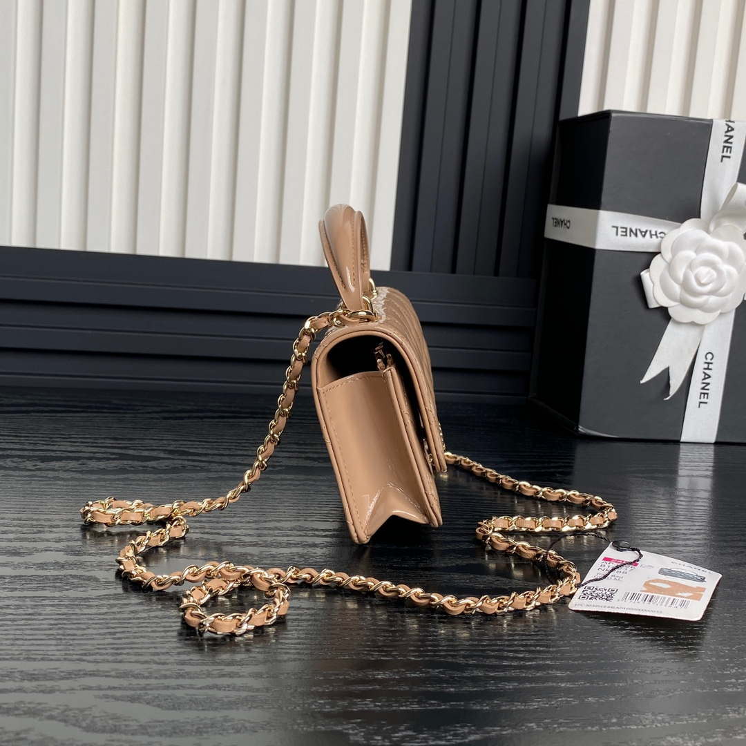 Chanel AP3226 Phone Holder with Chain Patent Calfskin & Gold-Tone Metal Apricot