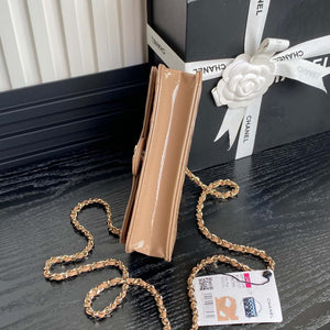 Chanel AP3226 Phone Holder with Chain Patent Calfskin & Gold-Tone Metal Apricot - Default Title - View 5