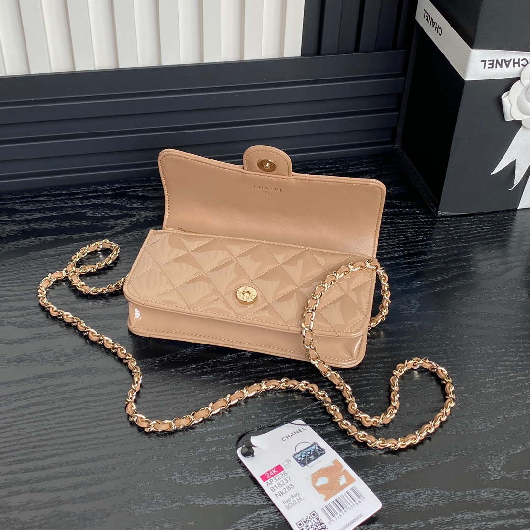Chanel AP3226 Phone Holder with Chain Patent Calfskin & Gold-Tone Metal Apricot - Default Title - View 6