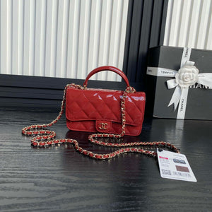 Chanel AP3226 Phone Holder with Chain Patent Calfskin & Gold-Tone Metal Red - Default Title - View 1