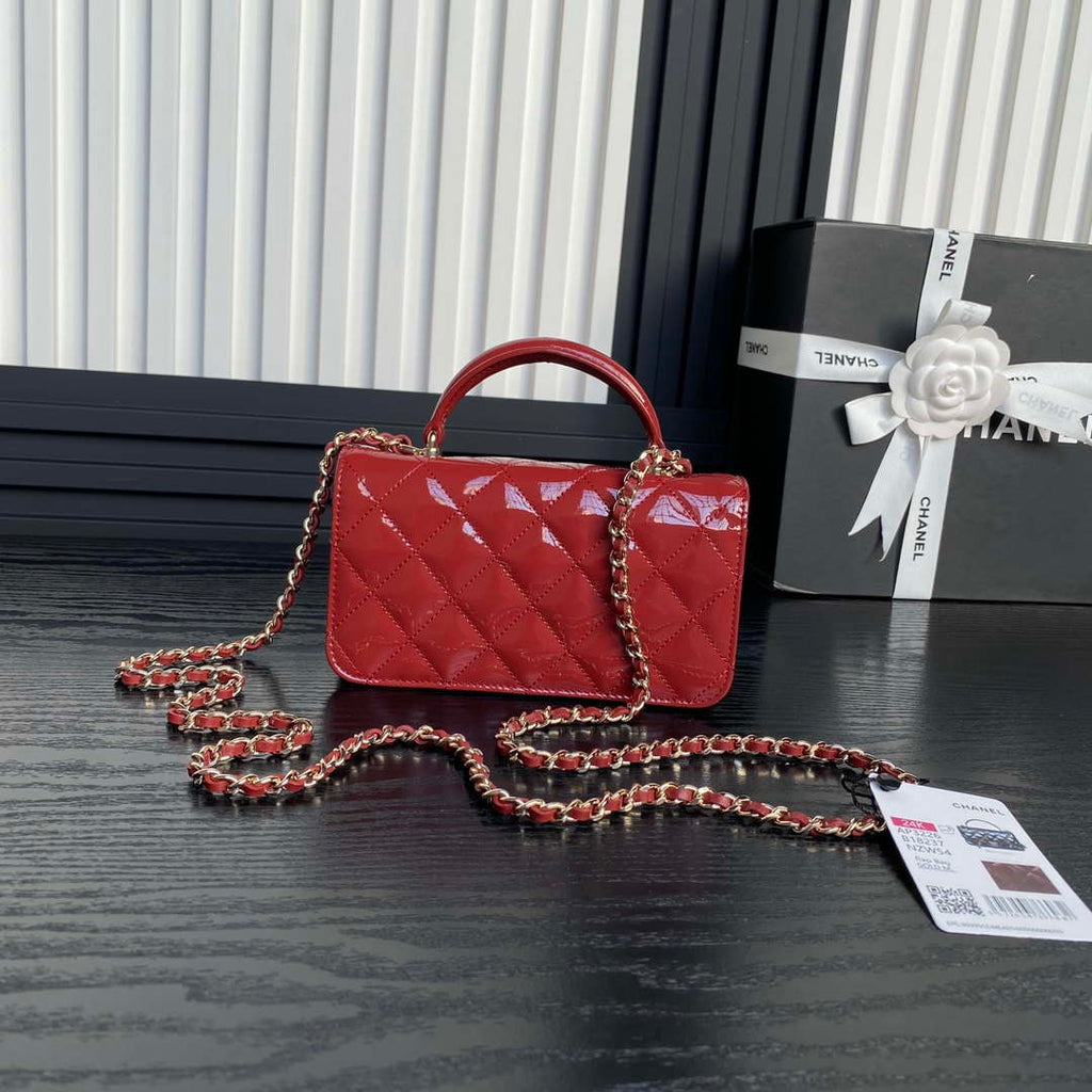 Chanel AP3226 Phone Holder with Chain Patent Calfskin & Gold-Tone Metal Red