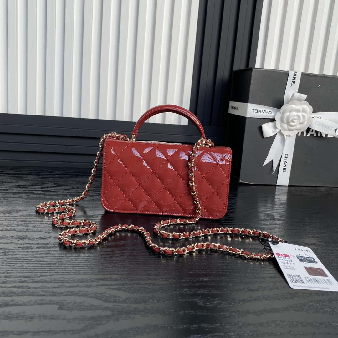 Chanel AP3226 Phone Holder with Chain Patent Calfskin & Gold-Tone Metal Red - Default Title - View 2