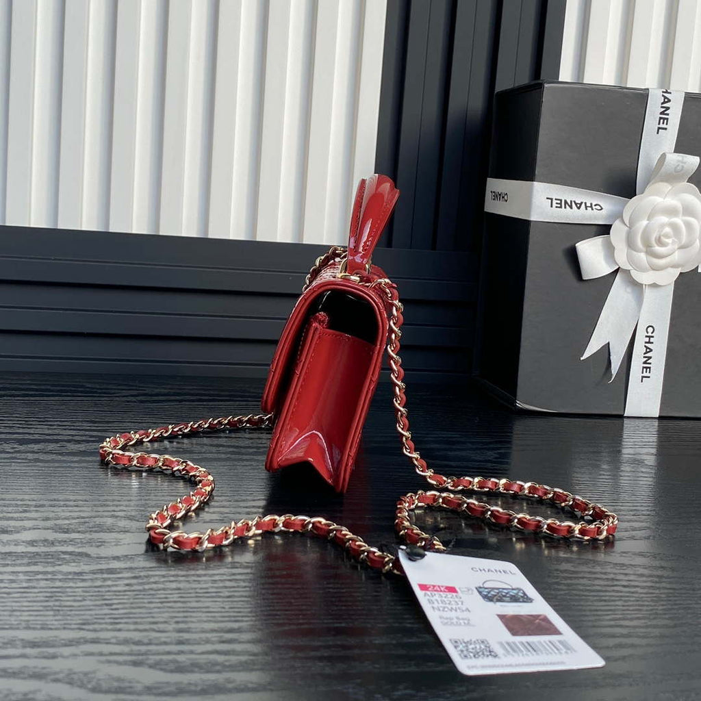 Chanel AP3226 Phone Holder with Chain Patent Calfskin & Gold-Tone Metal Red