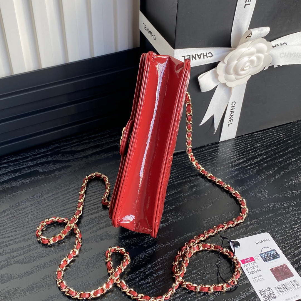 Chanel AP3226 Phone Holder with Chain Patent Calfskin & Gold-Tone Metal Red