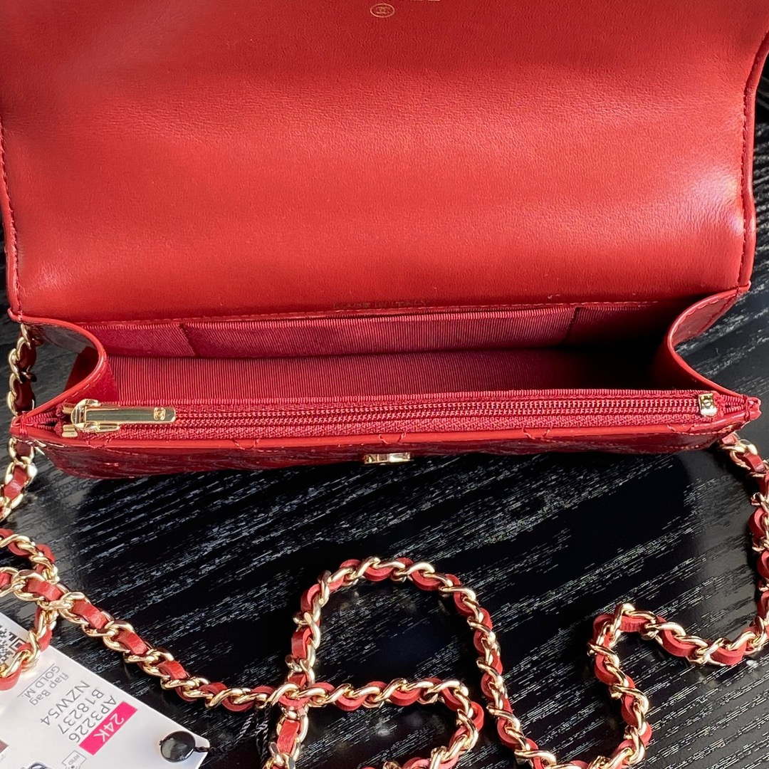 Chanel AP3226 Phone Holder with Chain Patent Calfskin & Gold-Tone Metal Red