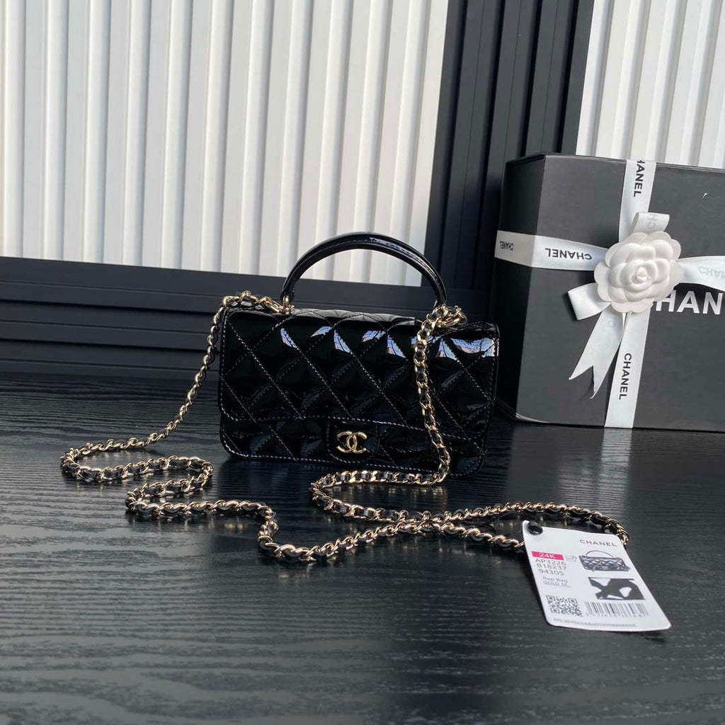 Chanel AP3226 Phone Holder with Chain Patent Calfskin & Gold-Tone Metal Black