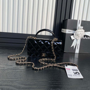 Chanel AP3226 Phone Holder with Chain Patent Calfskin & Gold-Tone Metal Black - Default Title - View 1