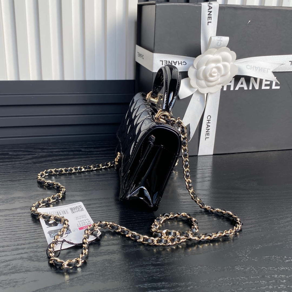 Chanel AP3226 Phone Holder with Chain Patent Calfskin & Gold-Tone Metal Black