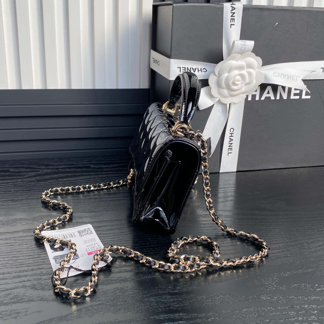 Chanel AP3226 Phone Holder with Chain Patent Calfskin & Gold-Tone Metal Black