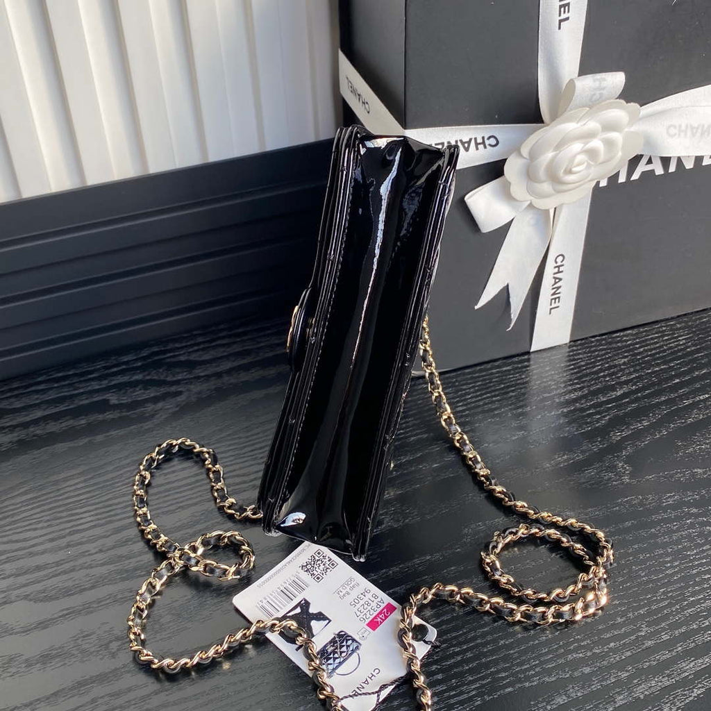 Chanel AP3226 Phone Holder with Chain Patent Calfskin & Gold-Tone Metal Black