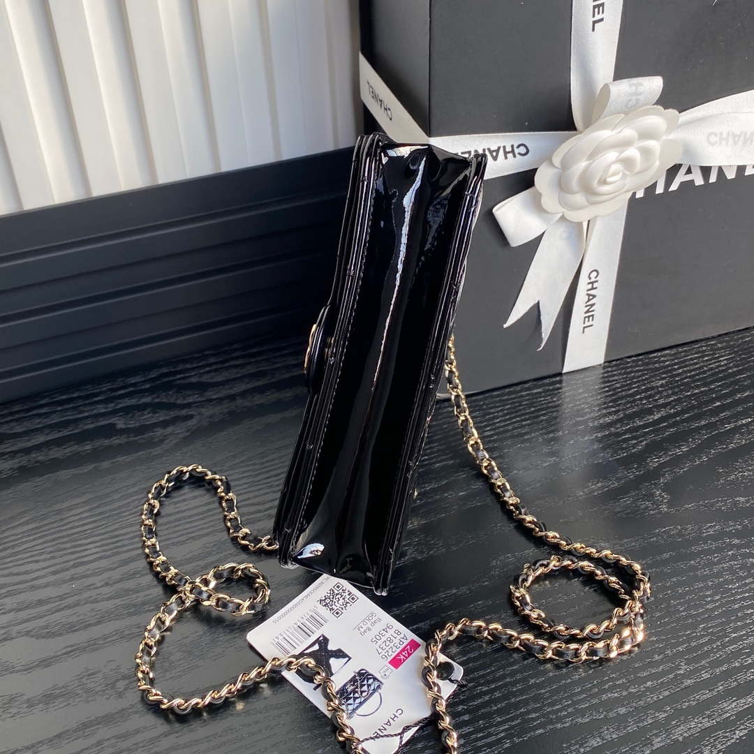 Chanel AP3226 Phone Holder with Chain Patent Calfskin & Gold-Tone Metal Black - Default Title - View 6