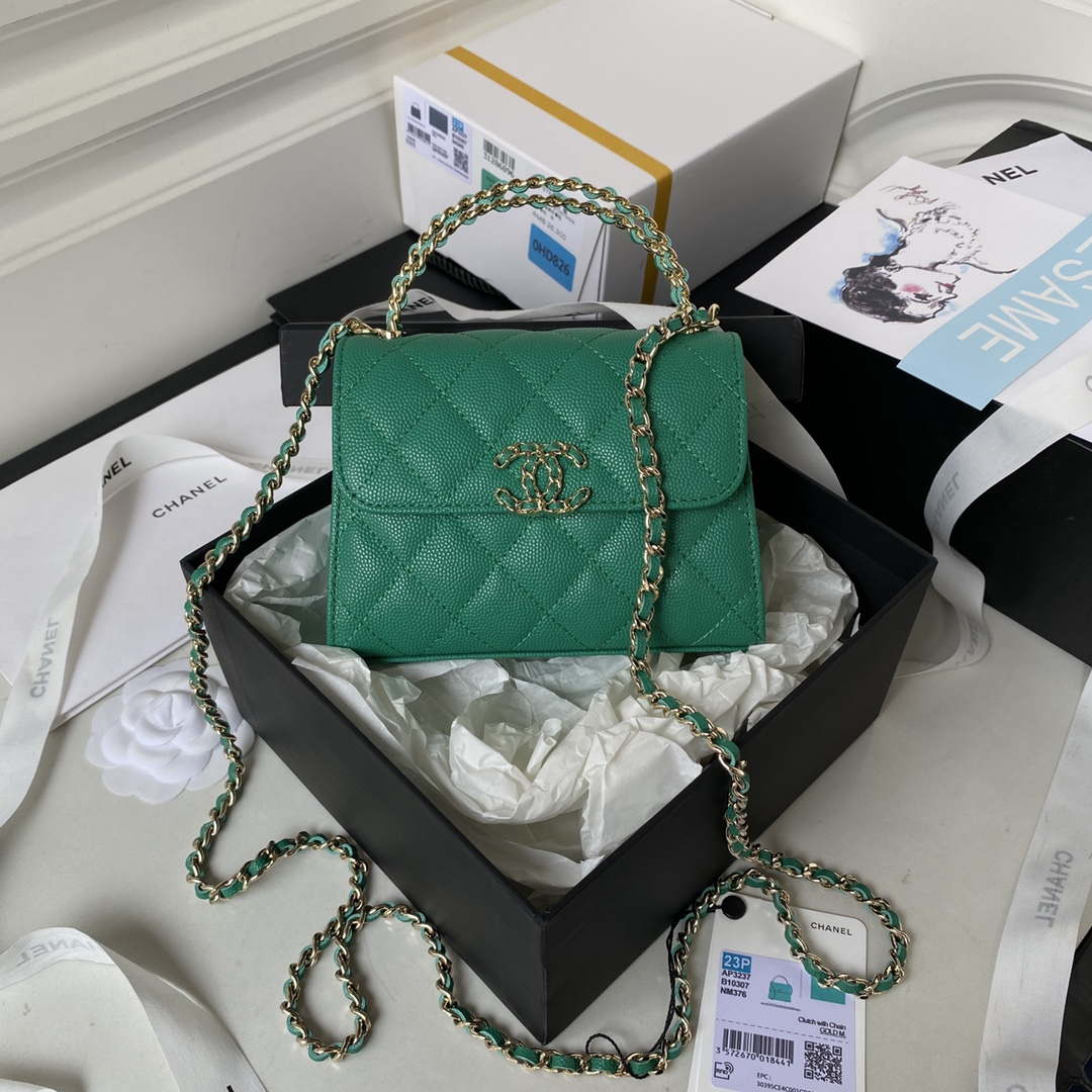Chanel AP3237 Clutch with chain Grained Shiny Calfskin Gold With Handle Bag Green - Default Title - View 1
