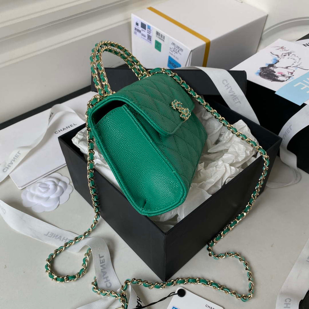 Chanel AP3237 Clutch with chain Grained Shiny Calfskin Gold With Handle Bag Green