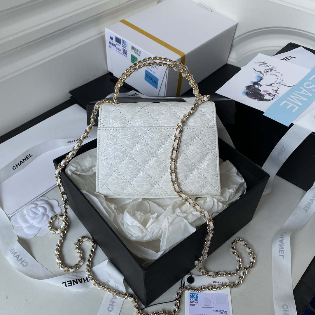 Chanel AP3237 Clutch with chain Grained Shiny Calfskin Gold With Handle Bag White