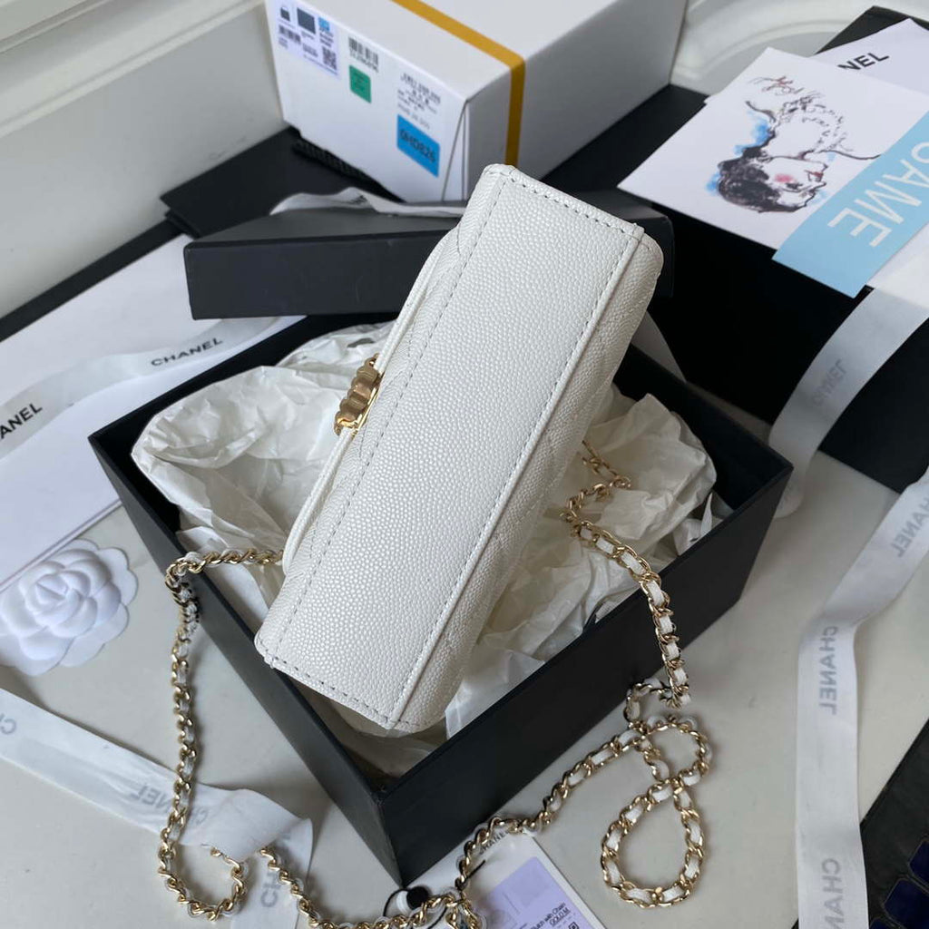 Chanel AP3237 Clutch with chain Grained Shiny Calfskin Gold With Handle Bag White