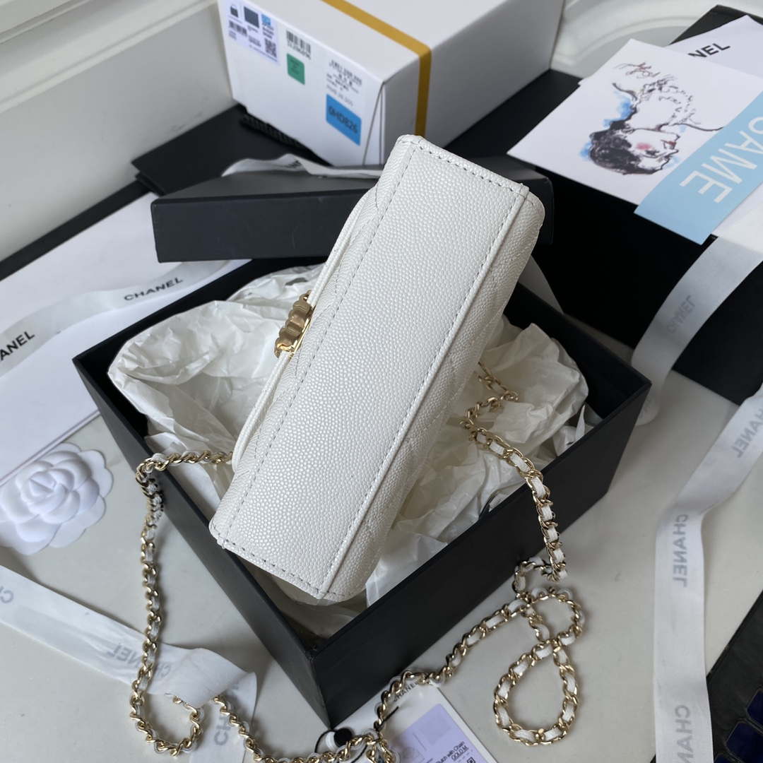 Chanel AP3237 Clutch with chain Grained Shiny Calfskin Gold With Handle Bag White