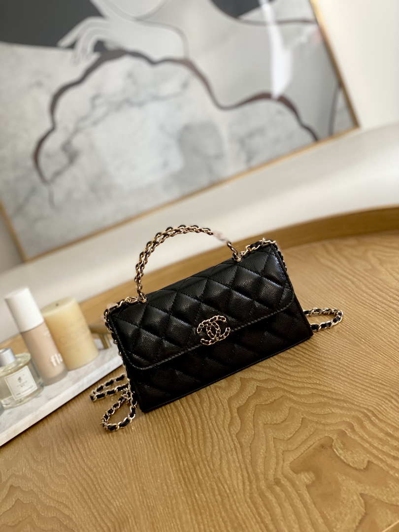Chanel AP3238 Flap Chain Bag Black Calfskin Gold With Handle Bag - Default Title - View 1