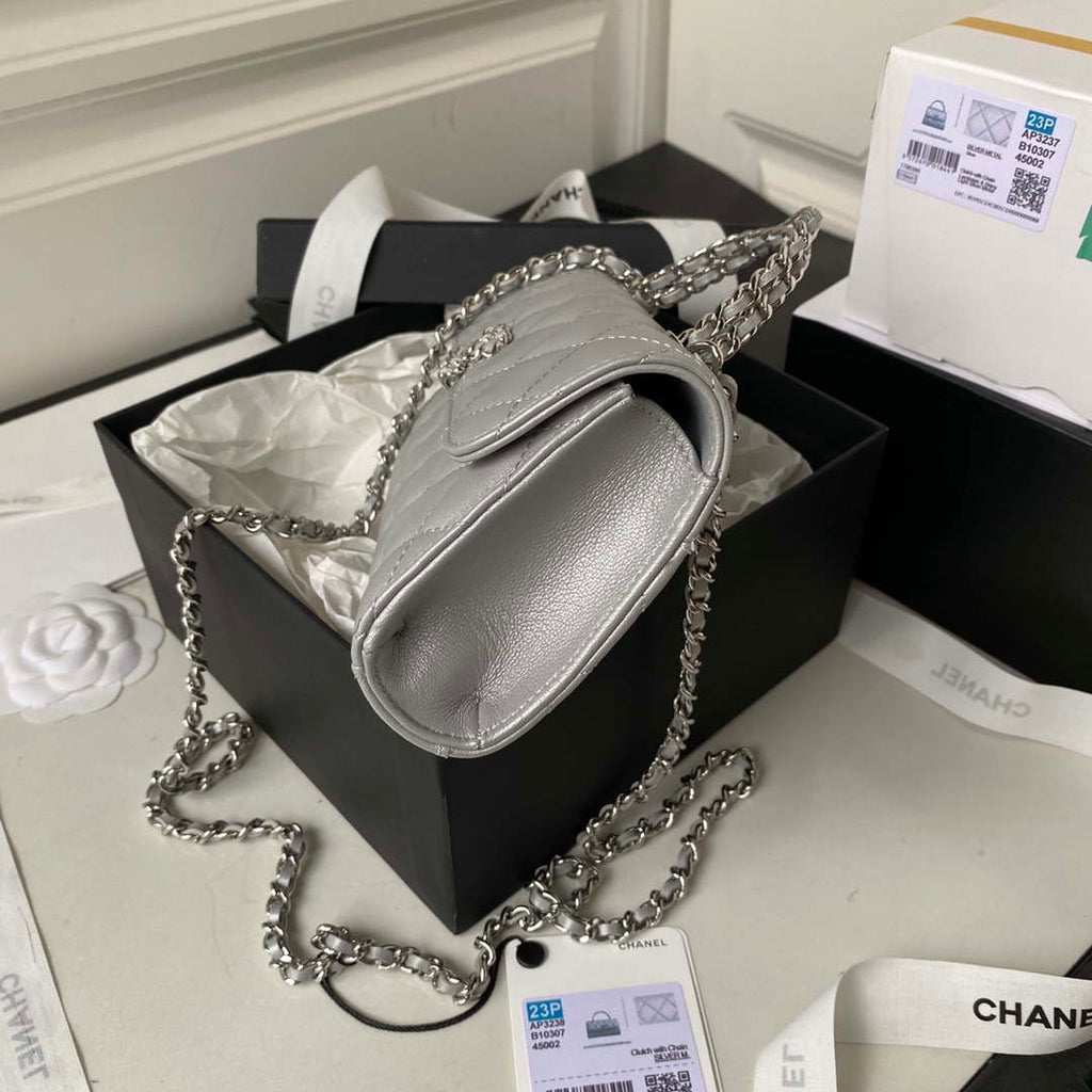 Chanel AP3238 Flap Chain Bag Gray Lambskin Gold With Handle Bag