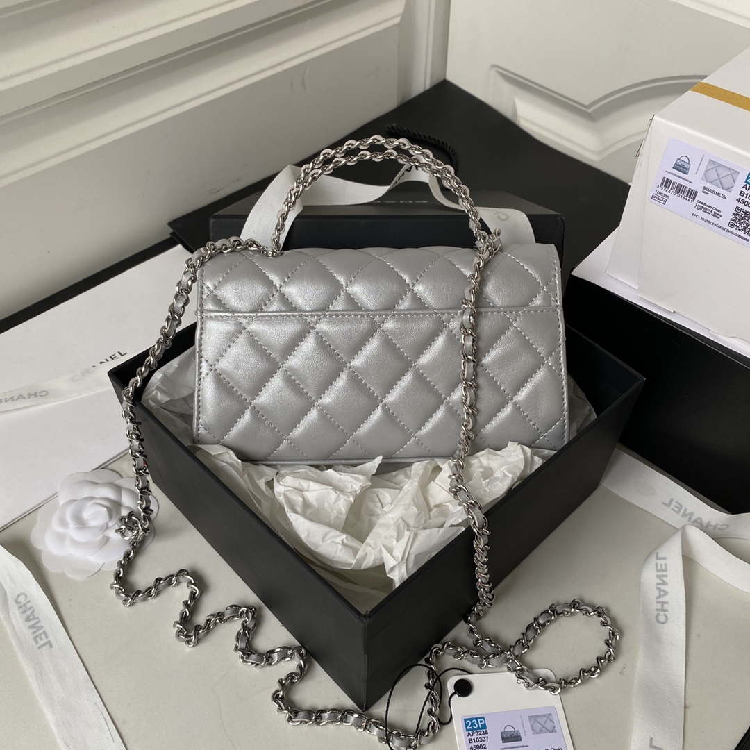 Chanel AP3238 Flap Chain Bag Gray Lambskin Gold With Handle Bag