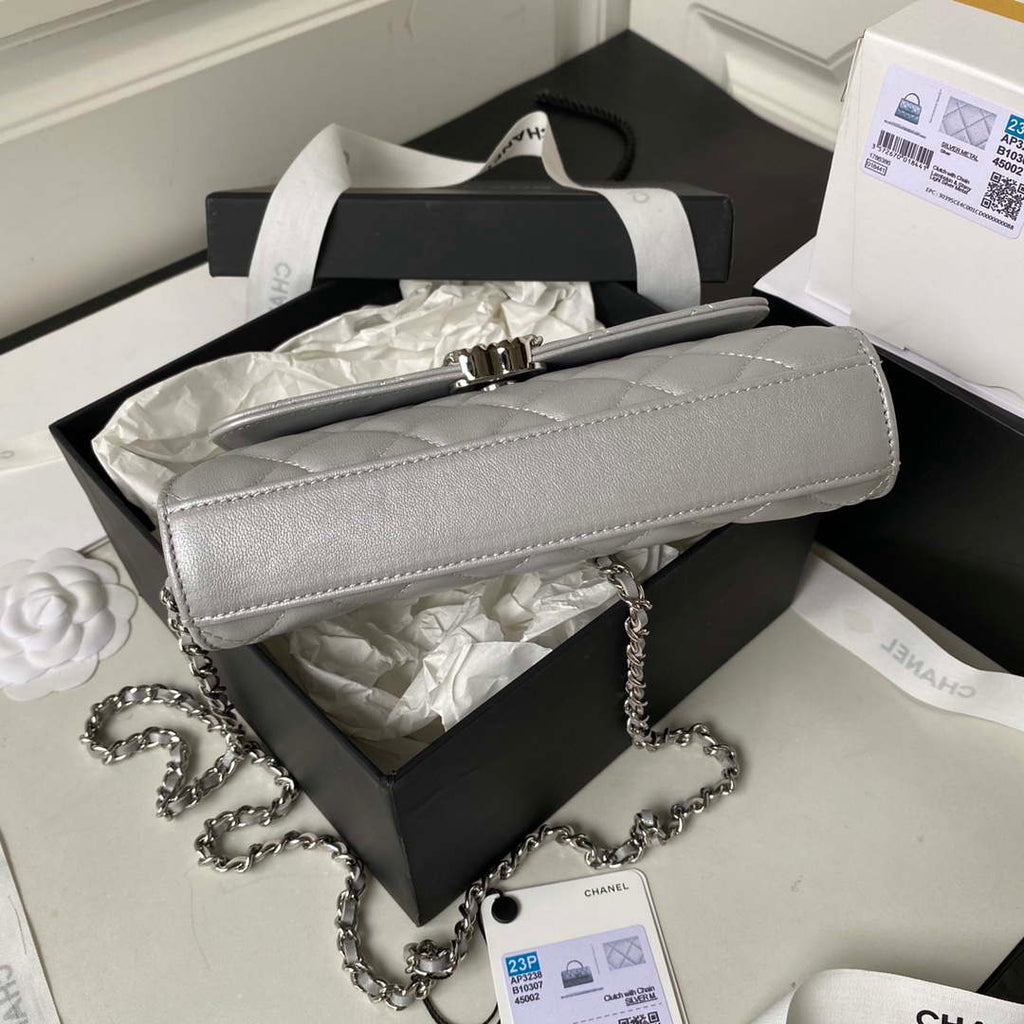 Chanel AP3238 Flap Chain Bag Gray Lambskin Gold With Handle Bag