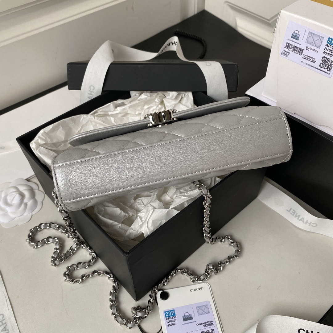 Chanel AP3238 Flap Chain Bag Gray Lambskin Gold With Handle Bag - Default Title - View 7