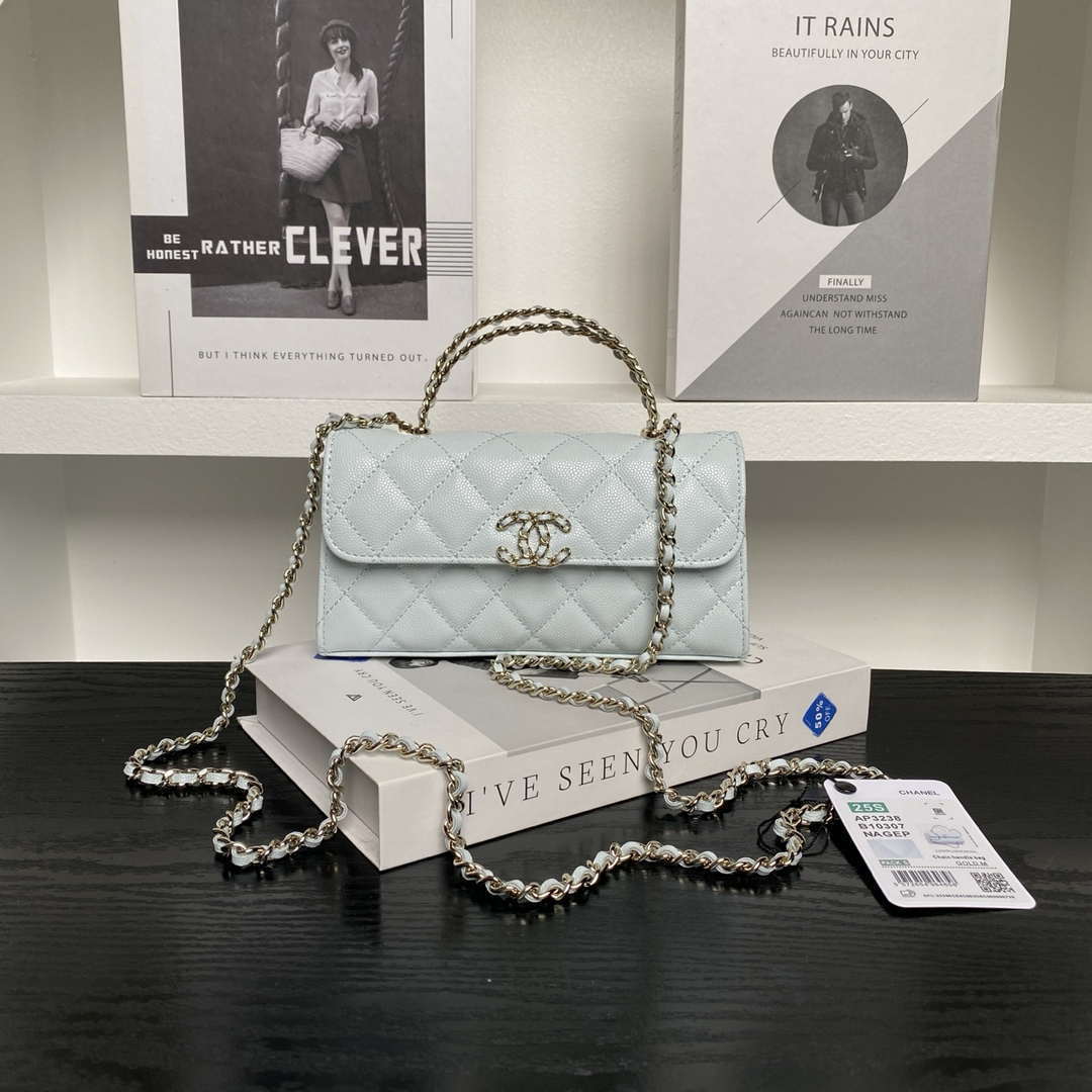 Chanel AP3238 Flap Chain Bag Light Blue Lambskin Gold With Handle Bag - Default Title - View 1