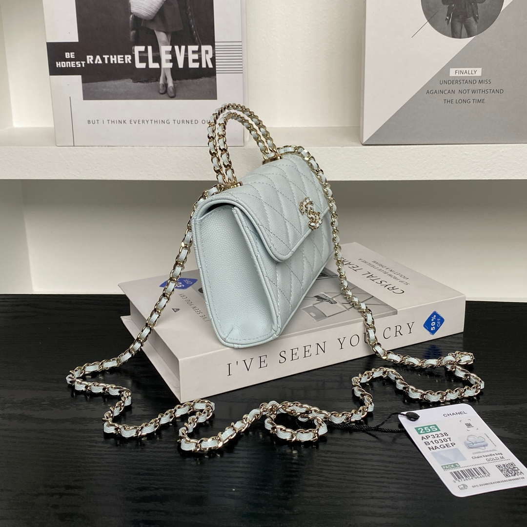 Chanel AP3238 Flap Chain Bag Light Blue Lambskin Gold With Handle Bag - Default Title - View 6