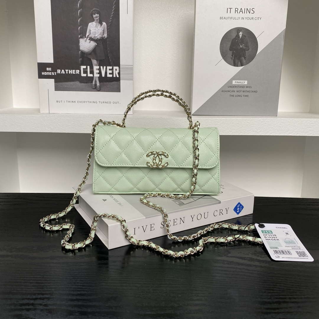 Chanel AP3238 Flap Chain Bag Light Green Lambskin Gold With Handle Bag - Default Title - View 1