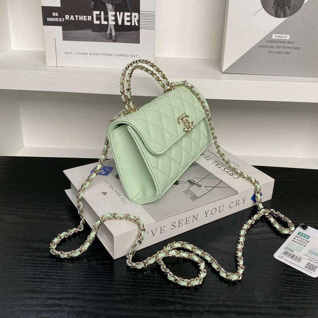 Chanel AP3238 Flap Chain Bag Light Green Lambskin Gold With Handle Bag