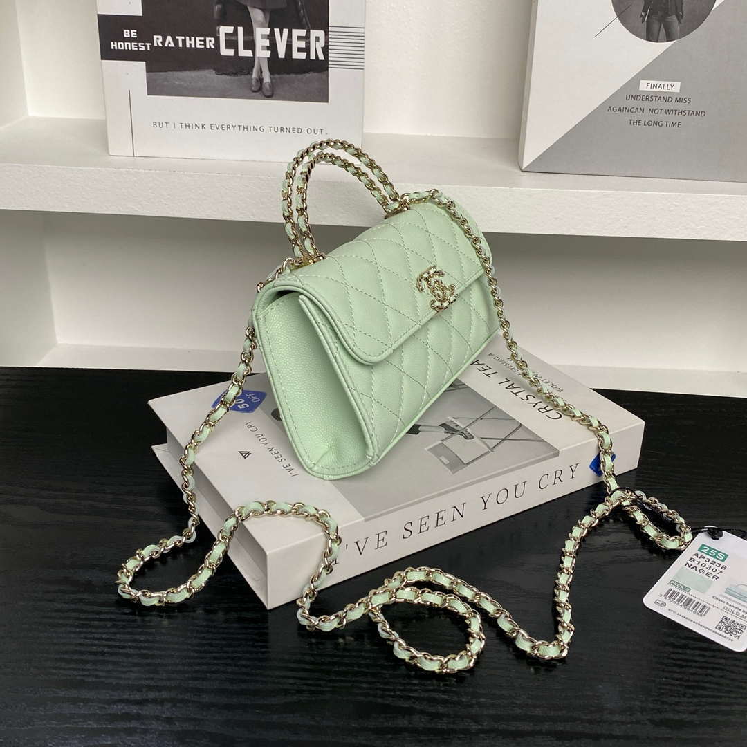 Chanel AP3238 Flap Chain Bag Light Green Lambskin Gold With Handle Bag