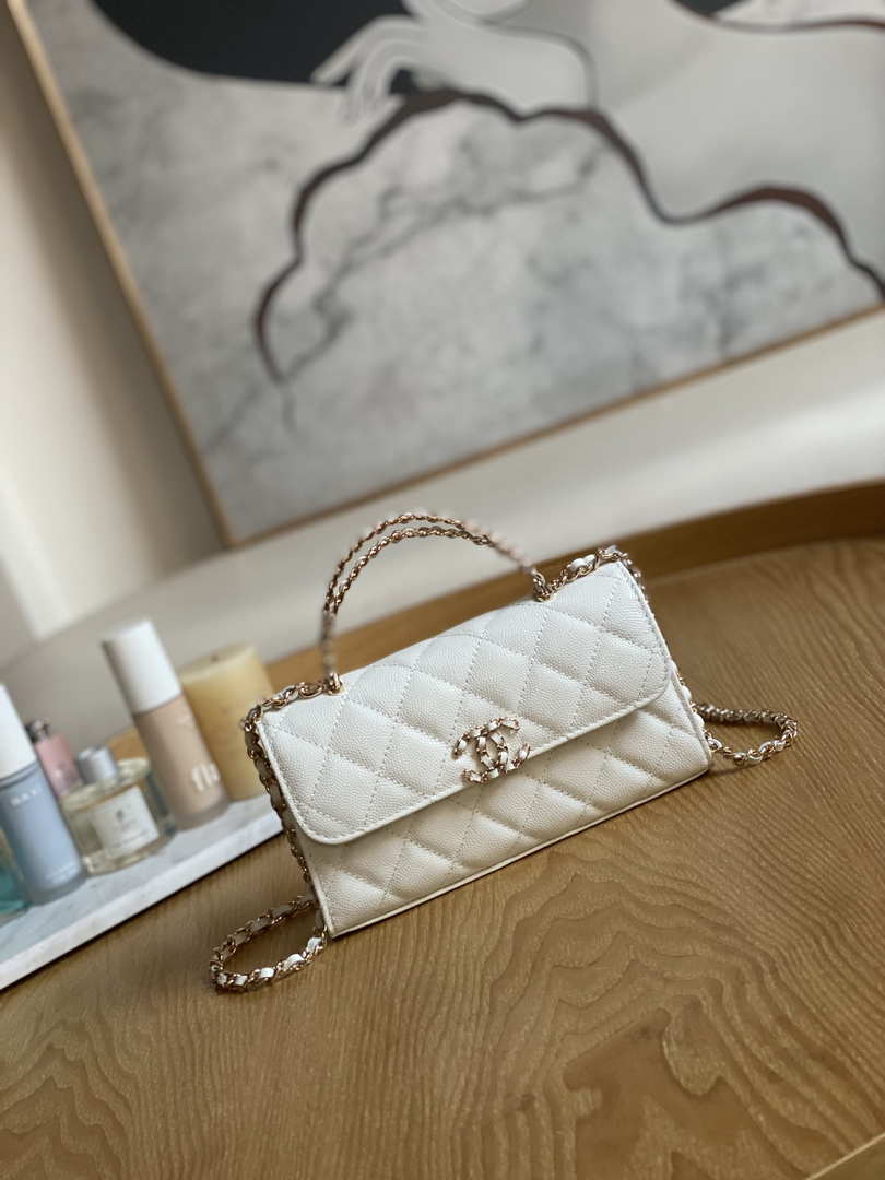 Chanel AP3238 Flap Chain Bag With Handle White Calfskin Gold - Default Title - View 1