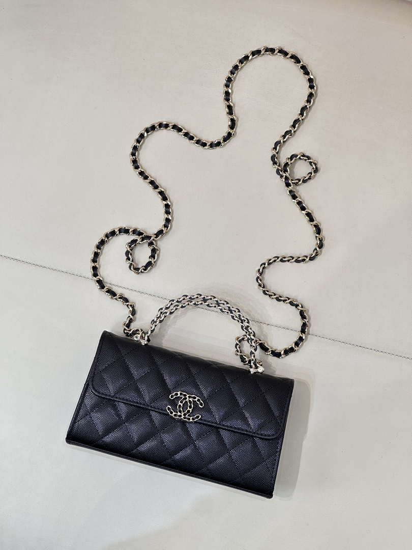 Chanel AP3238 Phone Holder with Chain Grained Shiny Calfskin Black