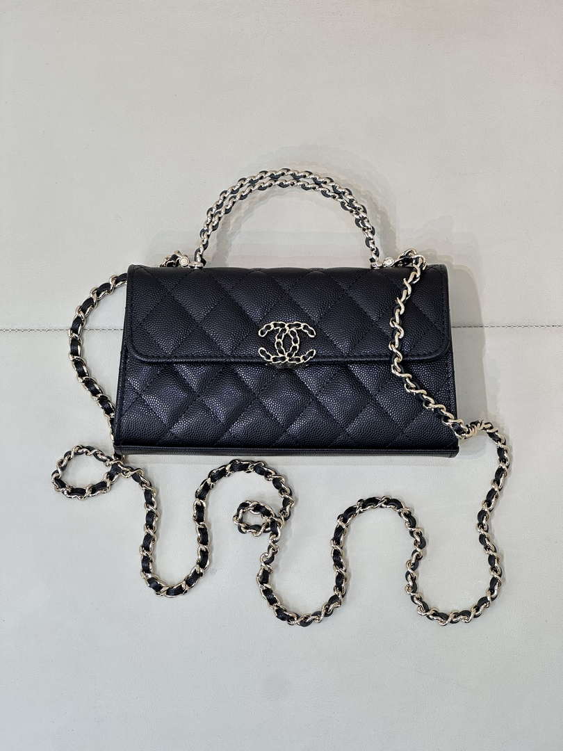 Chanel AP3238 Phone Holder with Chain Grained Shiny Calfskin Black