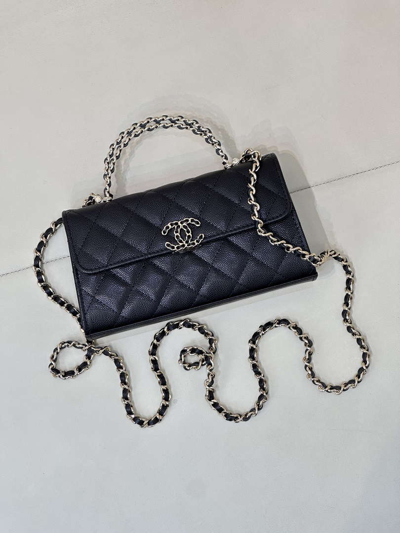 Chanel AP3238 Phone Holder with Chain Grained Shiny Calfskin Black