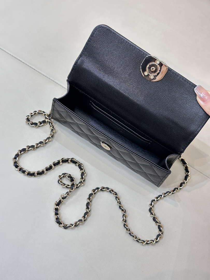 Chanel AP3238 Phone Holder with Chain Grained Shiny Calfskin Black