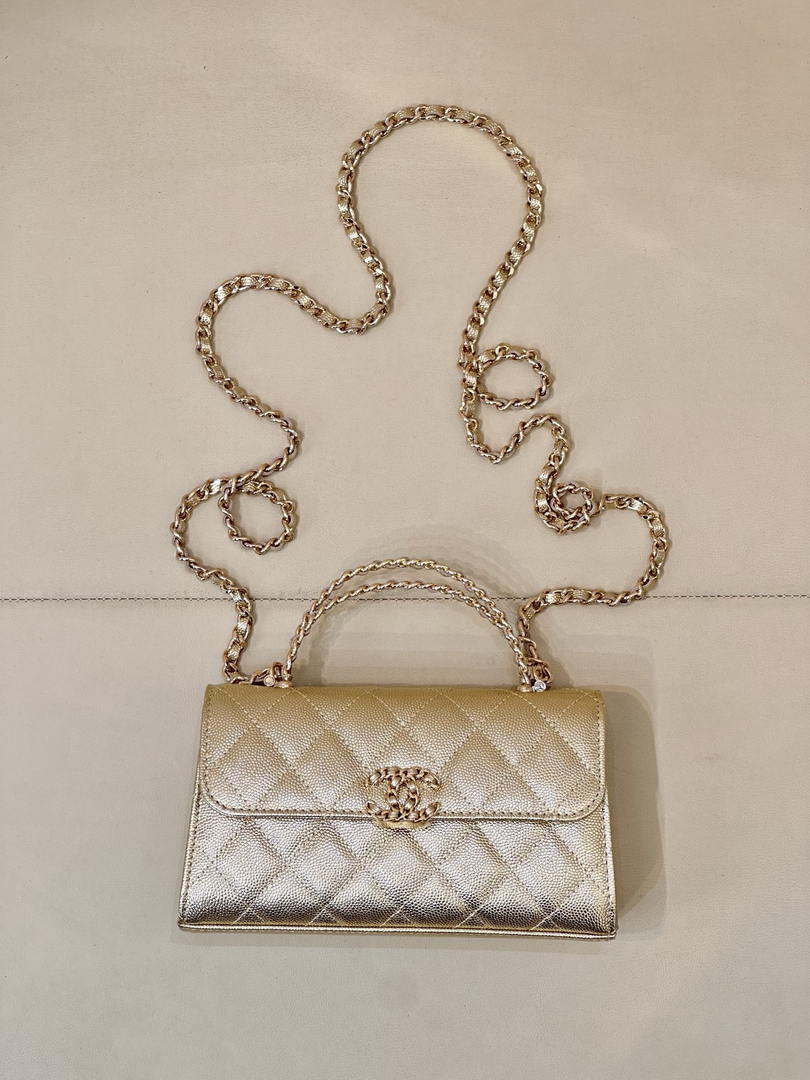 Chanel AP3238 Phone Holder with Chain Grained Shiny Calfskin Gold - Default Title - View 1